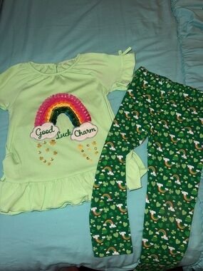 Rare Editions Girls Green Rainbow 'Good Luck Charm' Top & Shamrock Leggings Set